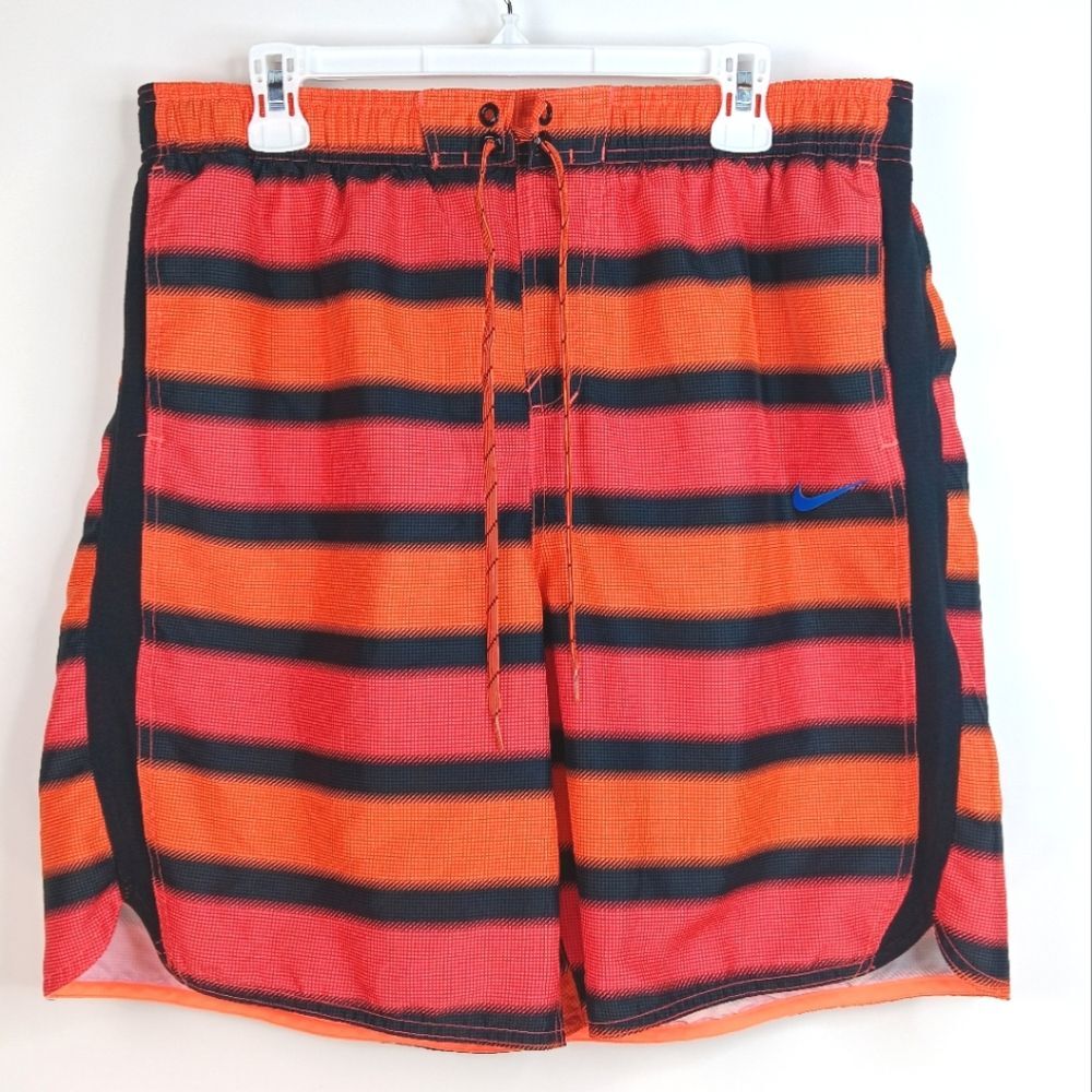 Nike Men's Swim Trunks XL Orange Red Black Striped Drawstring Swim Shorts Surf